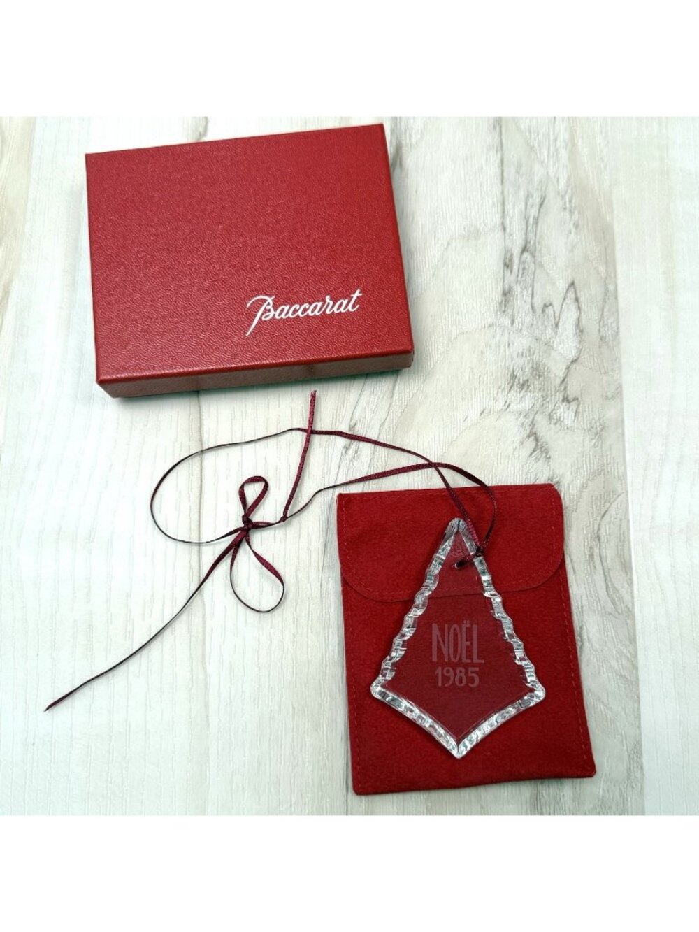 BACCARAT 1985 Crystal 3" Christmas Tree Noel ORNAMENT w/ Pouch & Box EUC